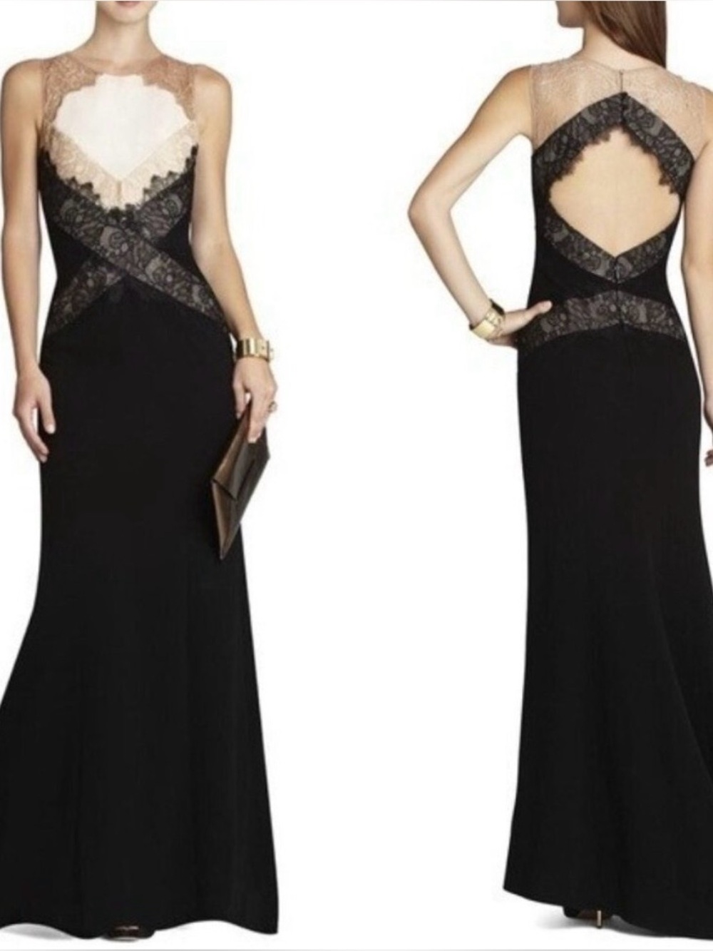 NWOT BCBGMaxAzria Black and Cream Lace-Accent Evening Gown- Size 10